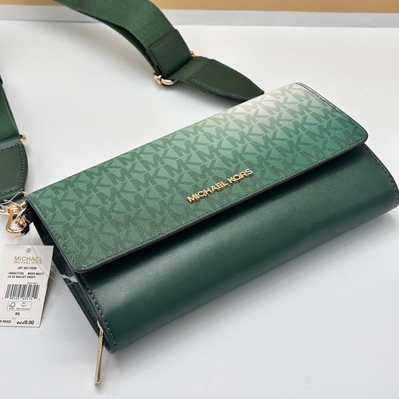 Michael Kors Jet Set Item Large Zip Around Wallet Crossbody Bag MK Ombre Green - Picture 10 of 15